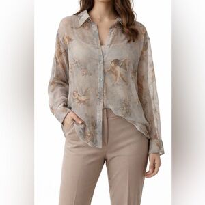 FOREVER 21 Women’s Ethereal Sheer Button Down Blouse with Cherub Print Size L
